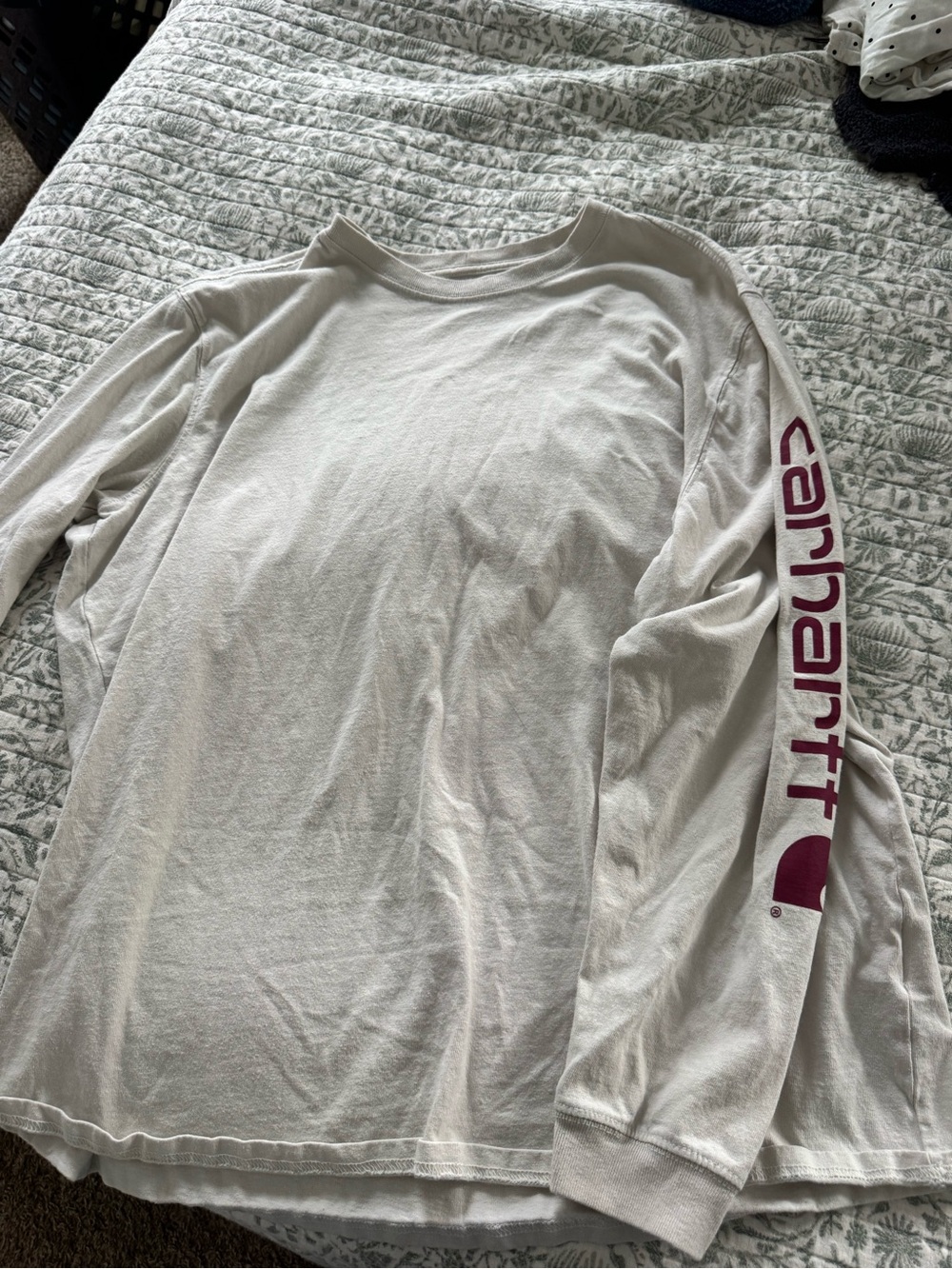 Carhartt White Long-Sleeve Tee with Maroon Sleeve Logo